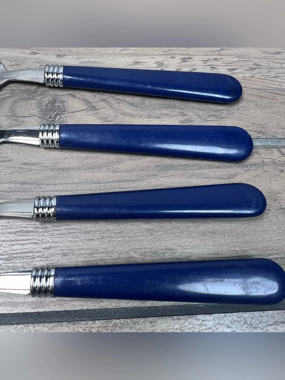 Gibson Vintage Flatware Blue Plastic Handle Tablespoons Soup Spoons Set of 4 Y2K